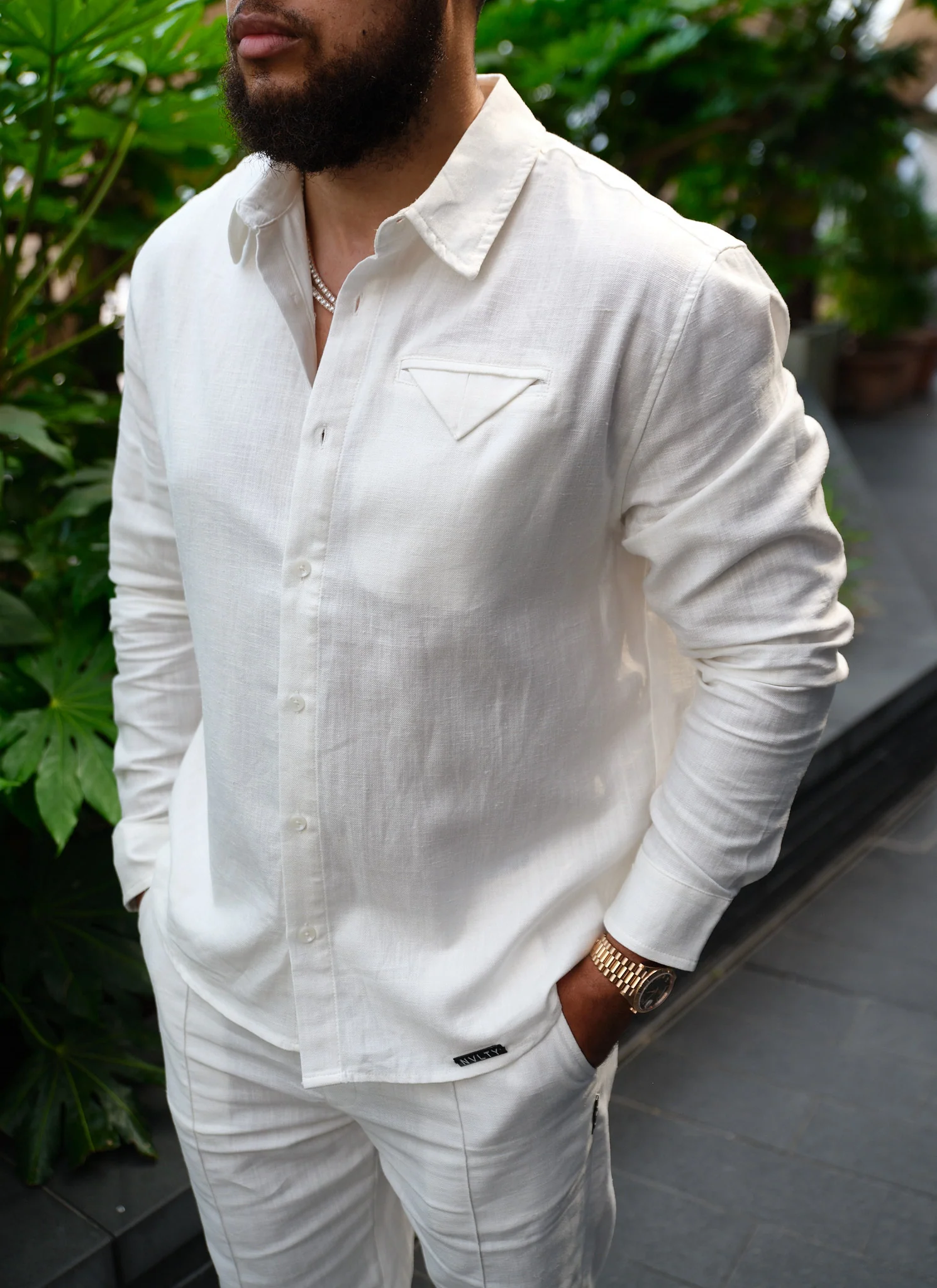 Linen Pocket Square Shirt - White - Image 10