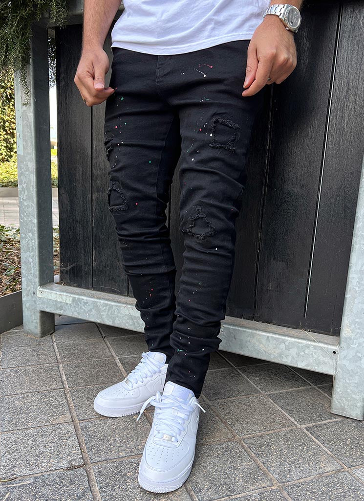 Patchwork Paint Jeans - Black - Image 9