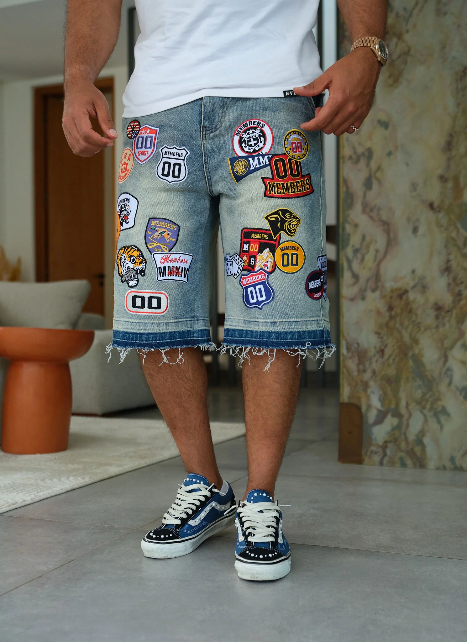 Vintage Patch Denim Shorts - Blue - Image 7
