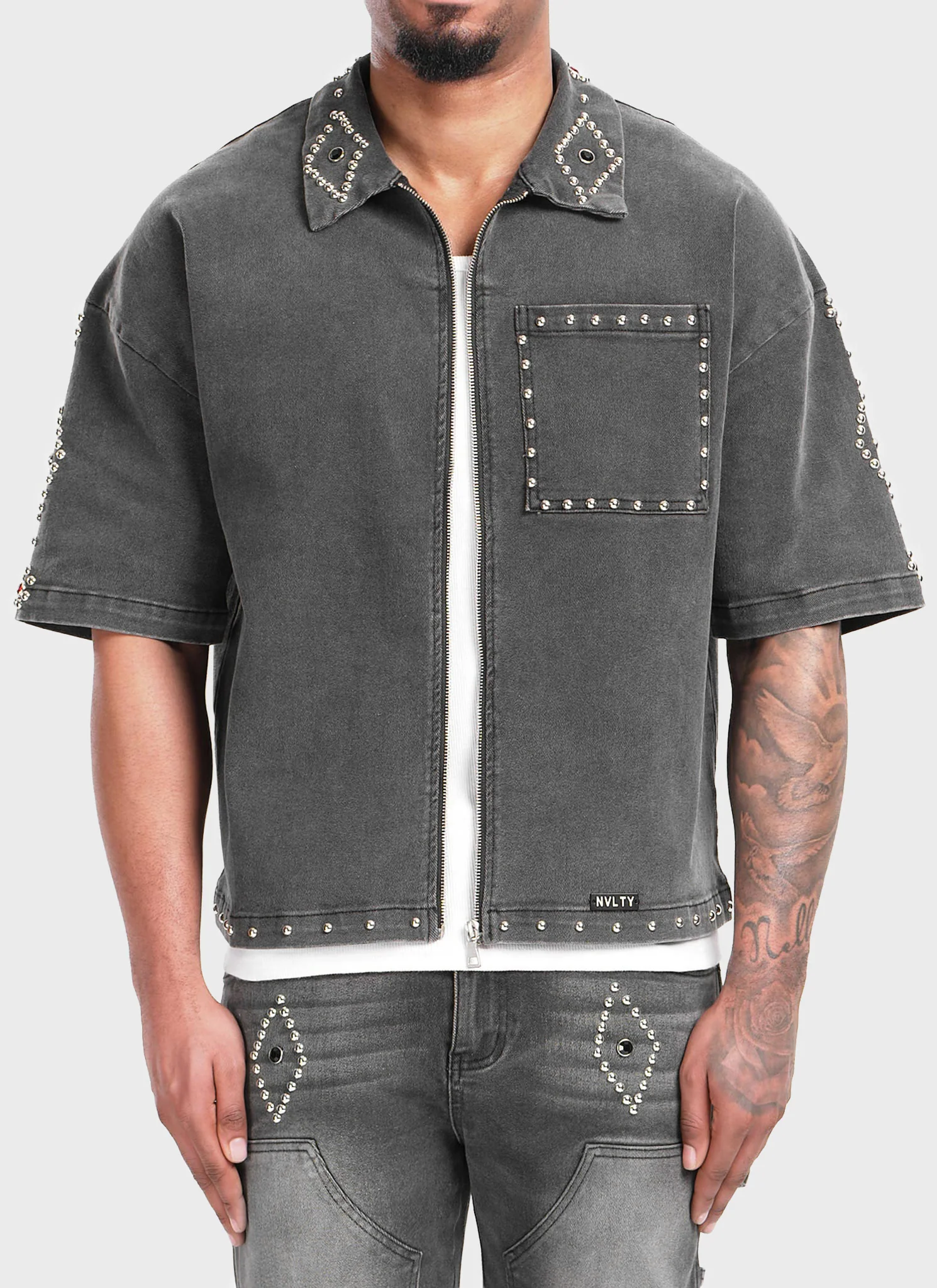 Vintage Studded Denim Shirt - Black