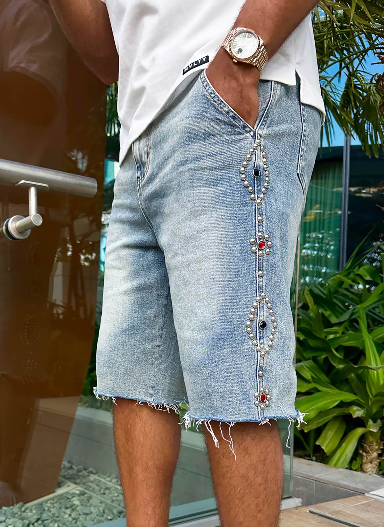 Vintage Studded Denim Shorts - Blue - Image 11