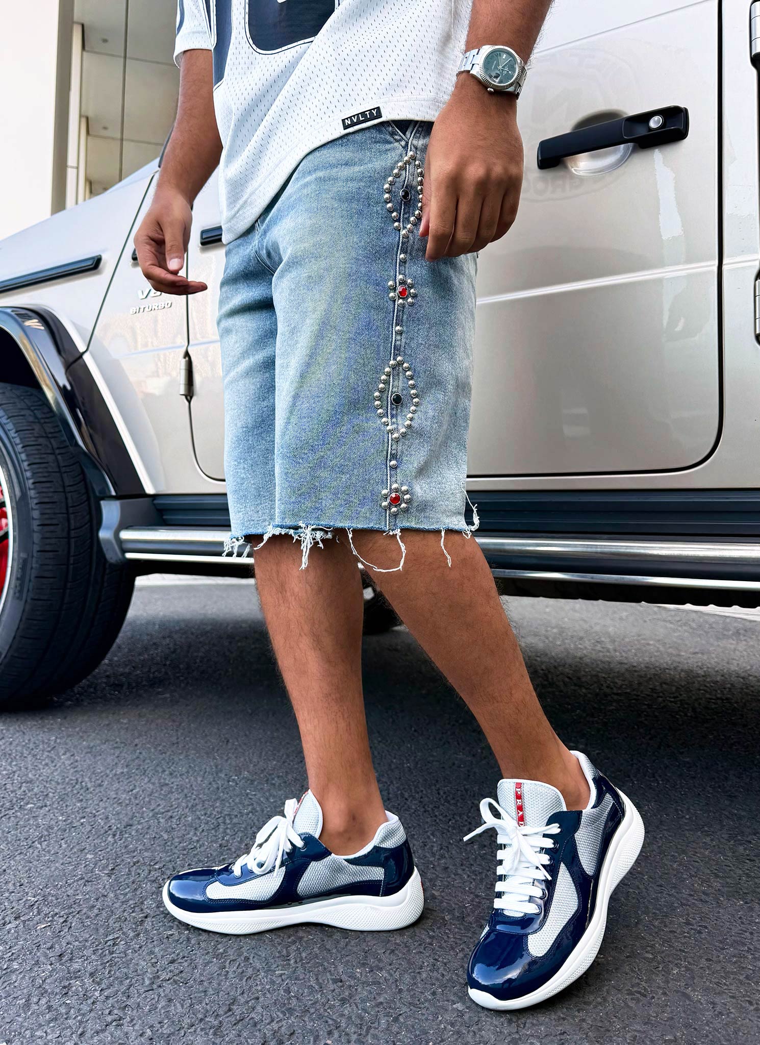 Vintage Studded Denim Shorts - Blue - Image 6