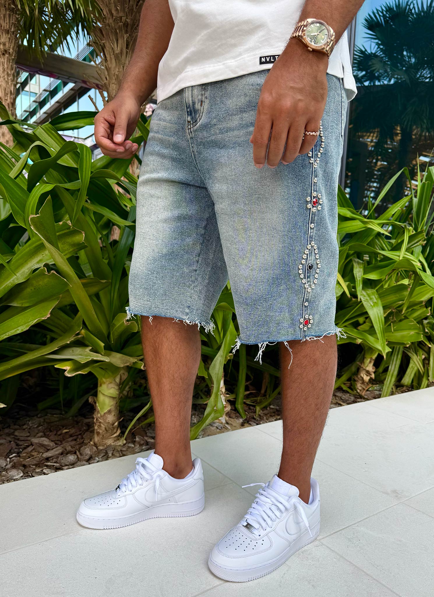Vintage Studded Denim Shorts - Blue - Image 7