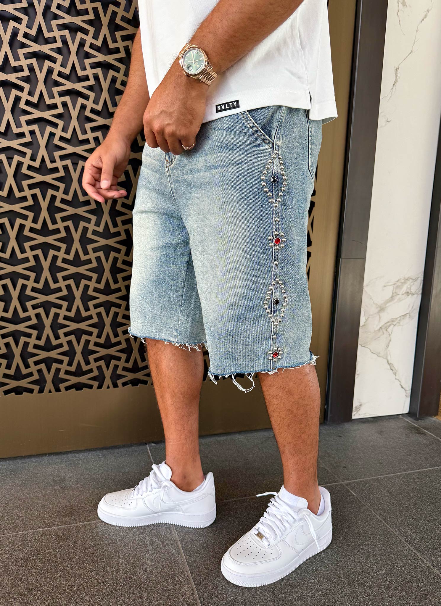 Vintage Studded Denim Shorts - Blue - Image 9